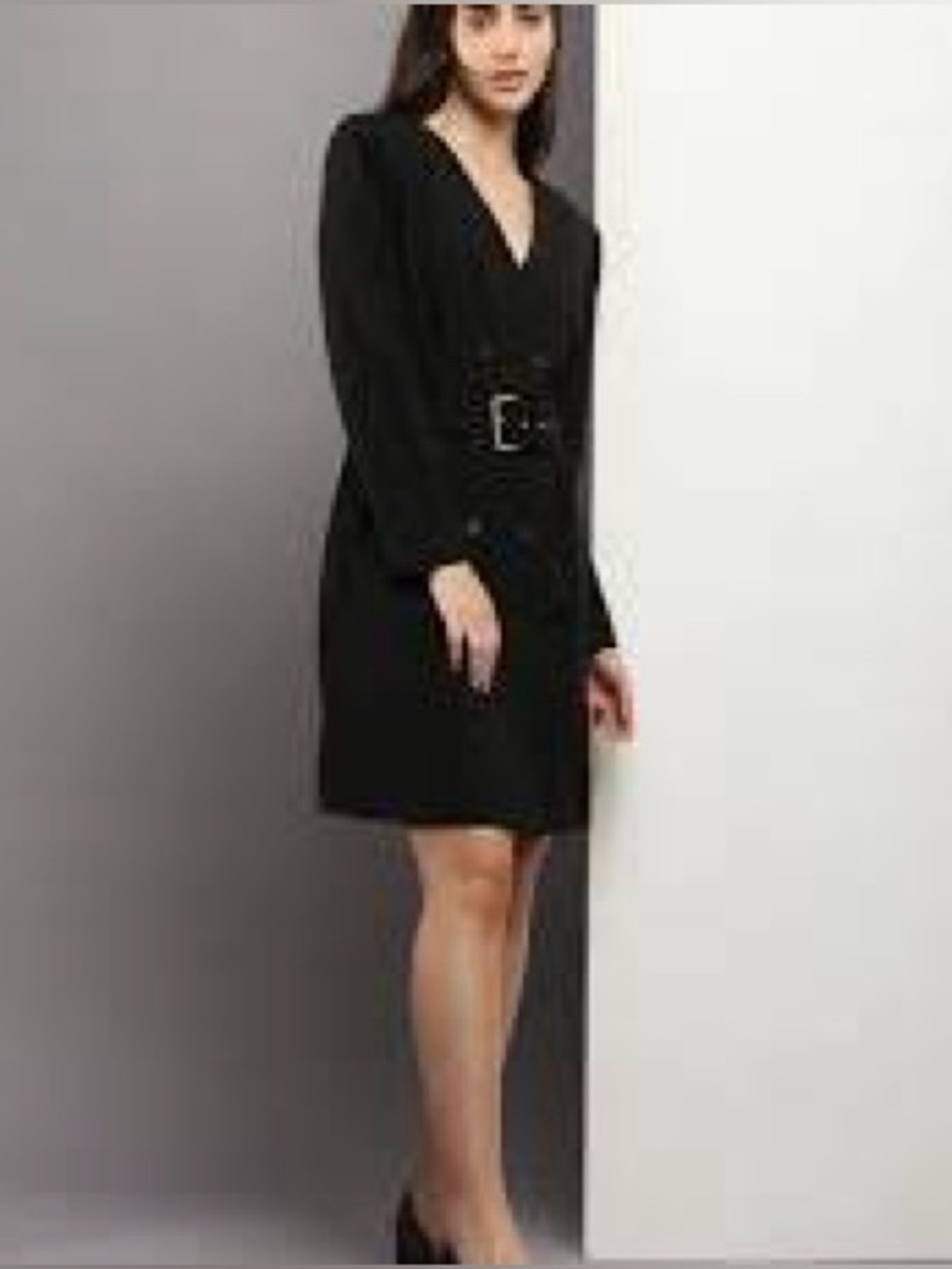 Calvin Klein Black Double-Breasted Belted Dress with Gold Buckle